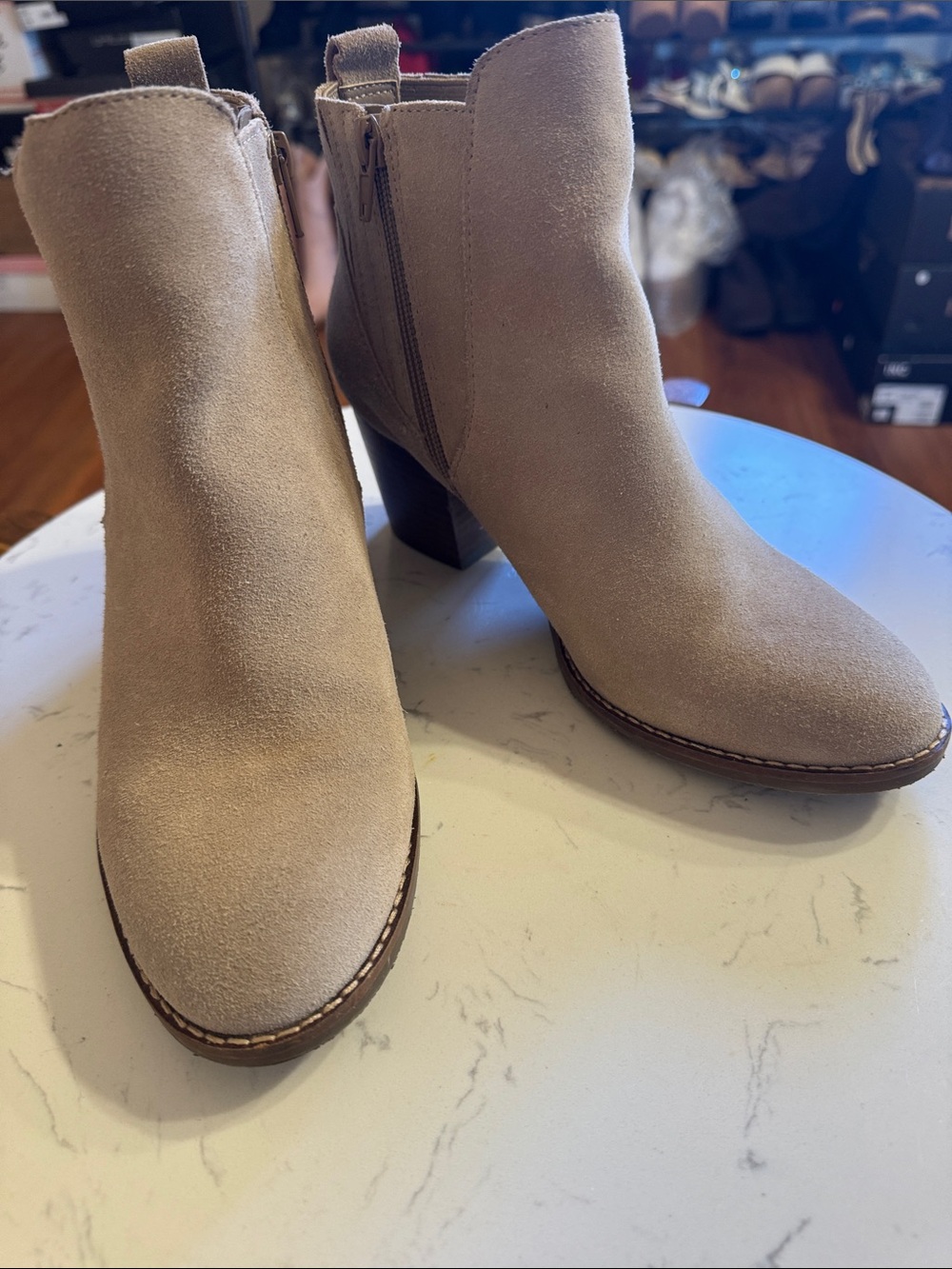 Crown Vintage Taupe Suede Ankle Booties with Block Heel